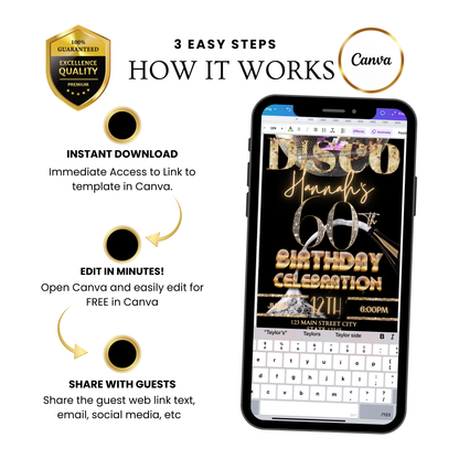Disco 60th Birthday Party Video Invitation | Champagne Disco Theme Digital Evite | Editable Canva Template