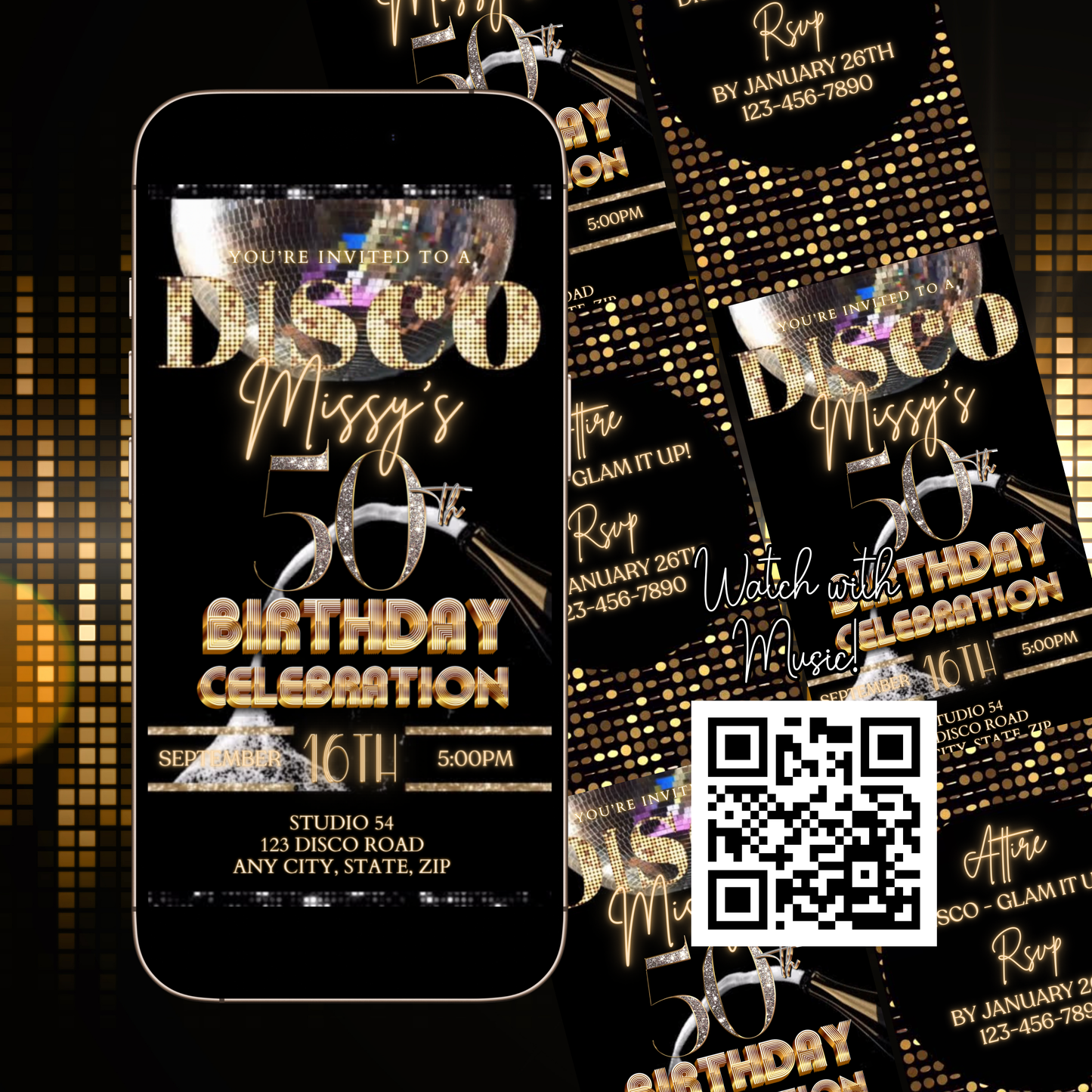 Editable Disco Video Invitation Template | Mobile Animated Invite 50th Birthday | Canva Video Evite Download