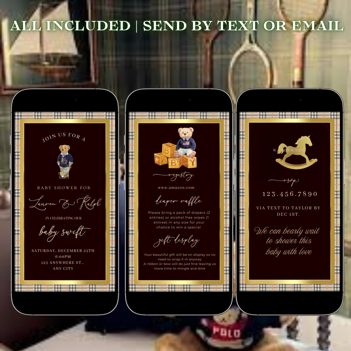 Polo Bear Baby Shower Video Invitation | Digital Ralph Lauren Plaid Invite | Editable Canva Template