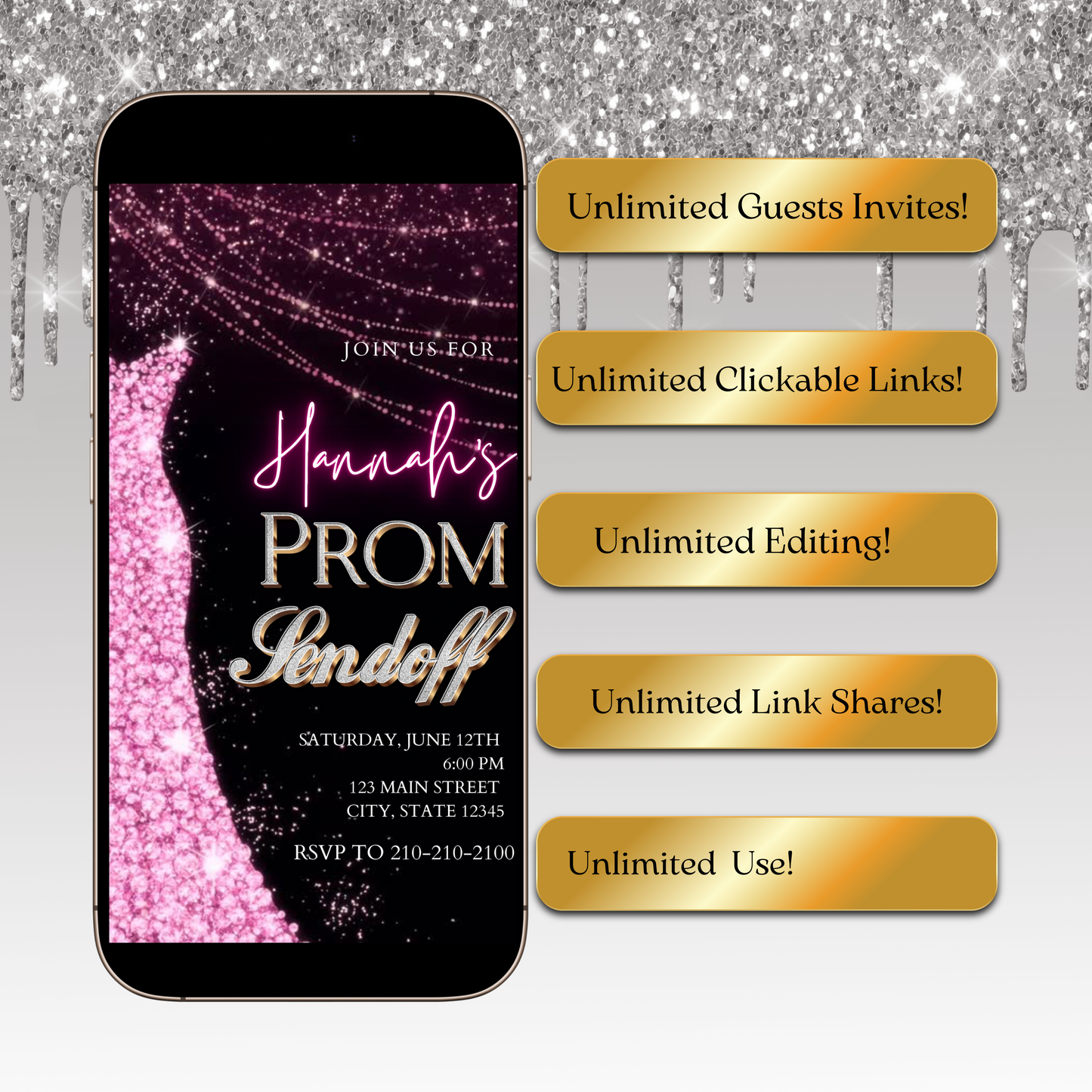 Pink Prom Send Off Video Invitation – Editable Canva Animated Invite
