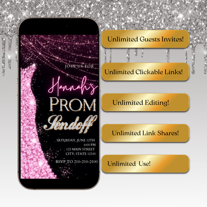 Pink Prom Send Off Video Invitation – Editable Canva Animated Invite