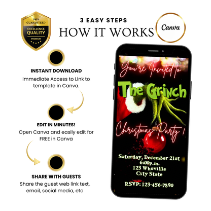 The Grinch Video Invitation | Digital Christmas Invite | Editable Canva Template