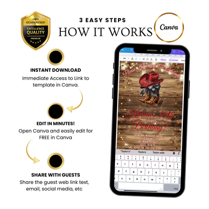 Boots and Bling Video Invitation | Rustic Western Theme Digital Evite | Editable Canva Template
