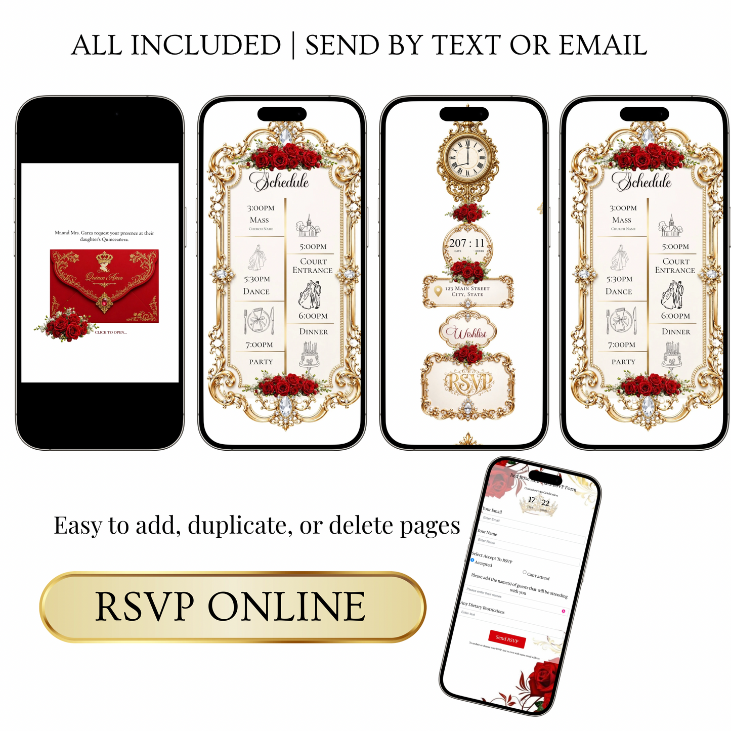 Red and Gold Quinceanera Website Invitation with RSVP tracking