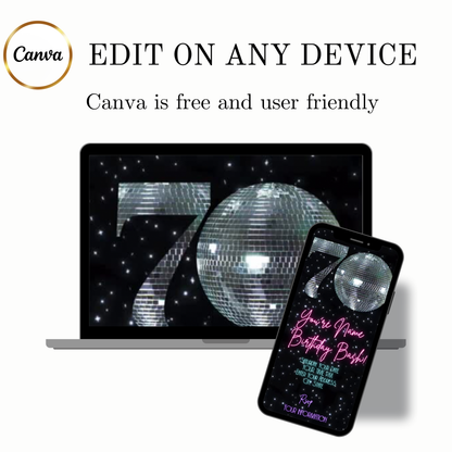 70th Birthday Party Video Invitation | Animated Disco Digital Evite | Editable Canva Invite Template