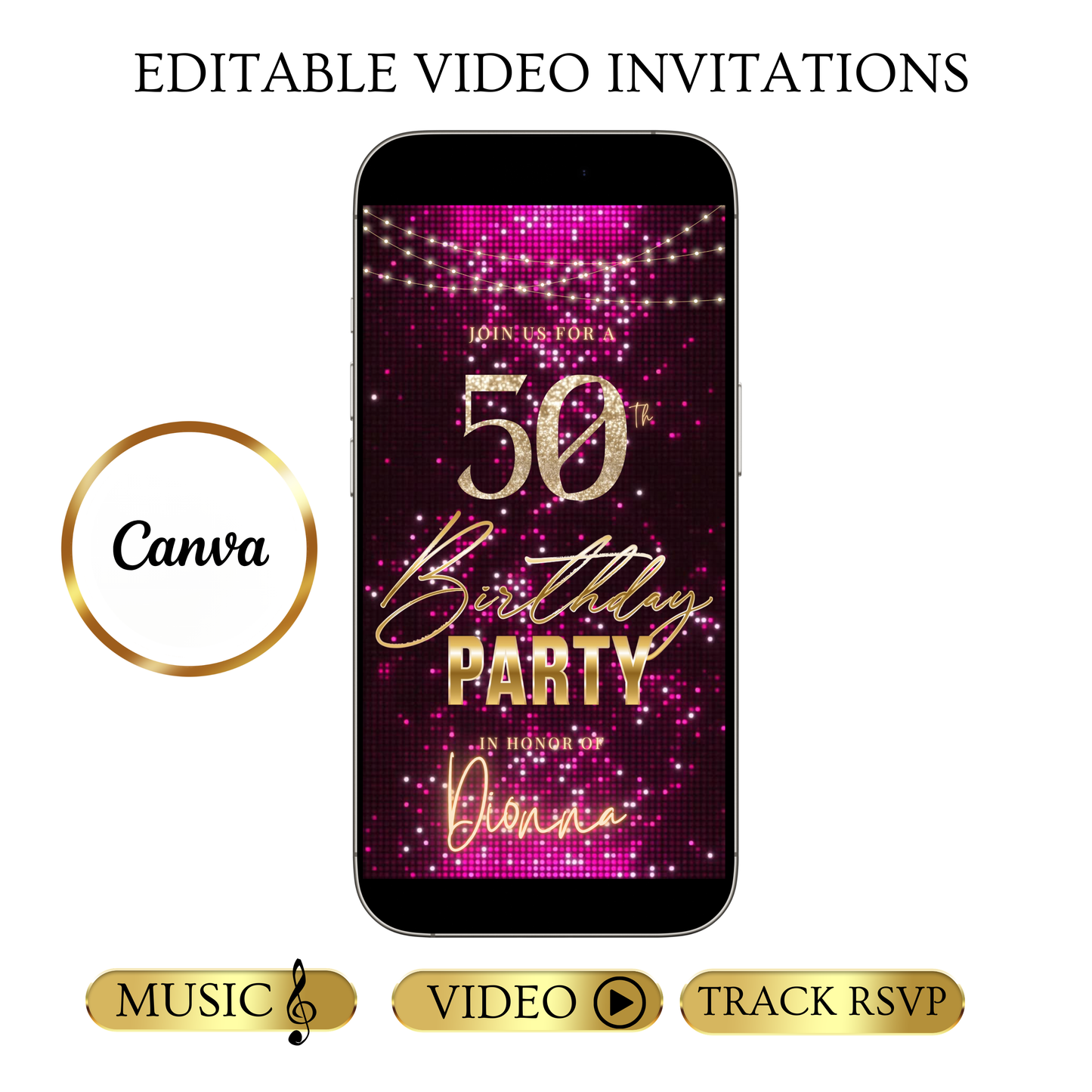 Violet and Gold 50th Birthday Video Invitation –  RSVP tracking website - Editable Canva Animated Invite