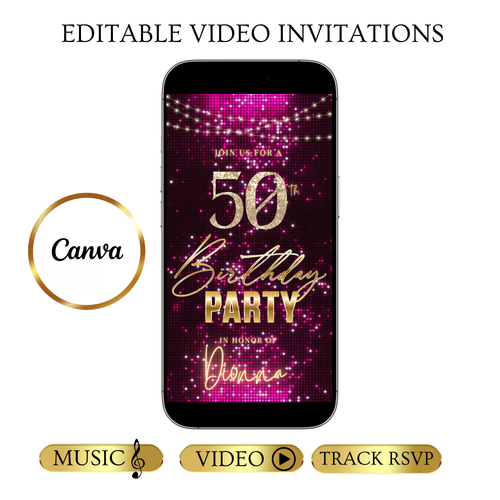Violet and Gold 50th Birthday Video Invitation –  RSVP tracking website - Editable Canva Animated Invite