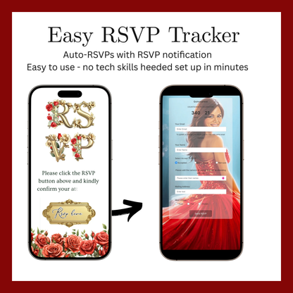 Einladung zur Quinceañera mit roten Rosen | Einladung zur Sweet 15/16 mit RSVP-Tracking | Canva-Vorlage