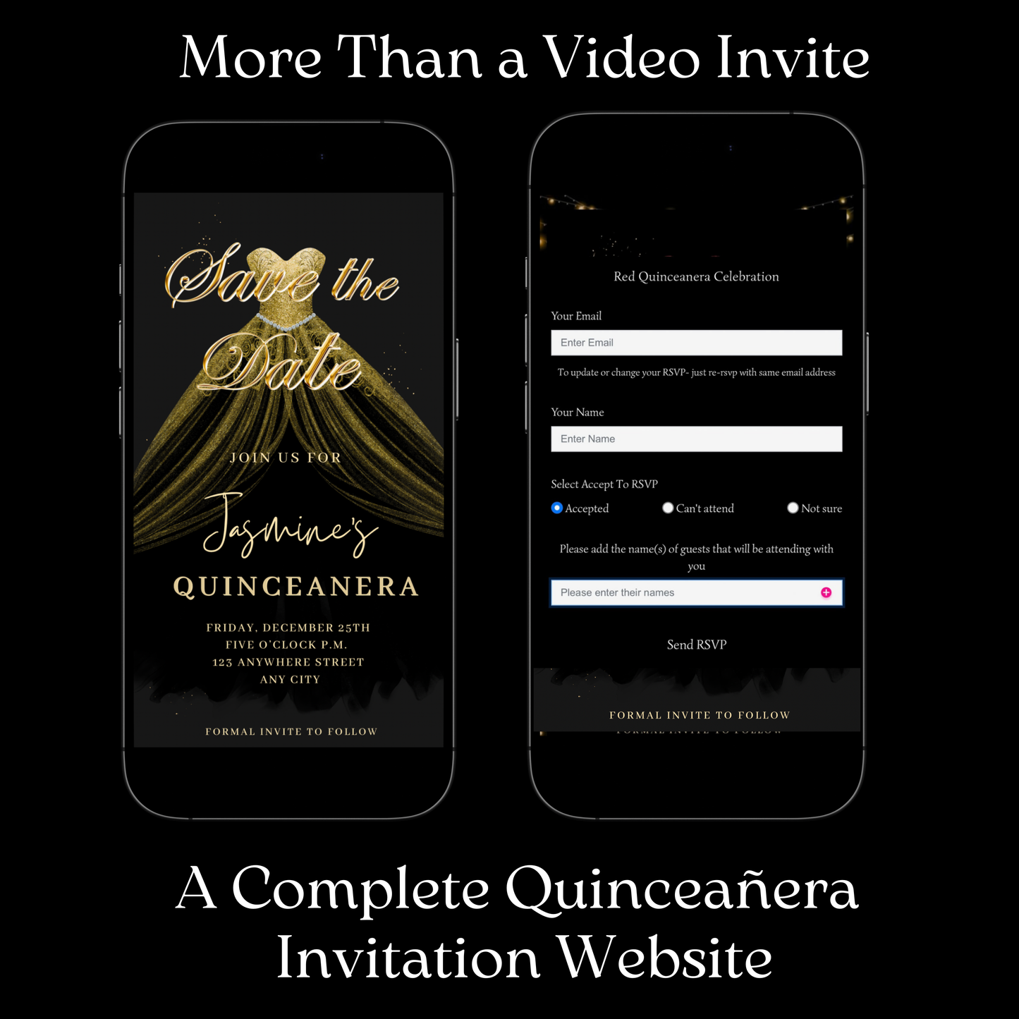 Gold Quinceañera Video Invite | Sweet 15 16 Quince RSVP Tracker | Editable Canva Evite Template
