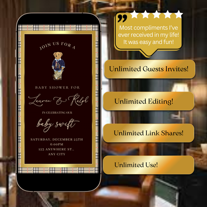 Polo Bear Baby Shower Video Invitation | Digital Ralph Lauren Plaid Invite | Editable Canva Template