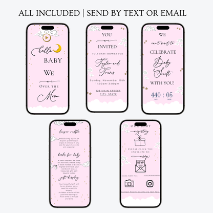 Over the Moon Baby Shower Mini Website | Canva Editable Template | Its a Girl Video Invite