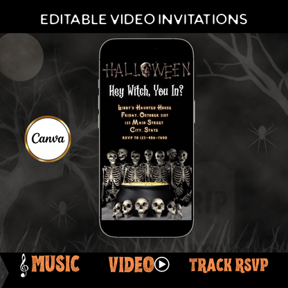 Halloween-Videoeinladung, animierte Einladung mit Skelettmotiven, bearbeitbare mobile Einladung zur Halloween-Party