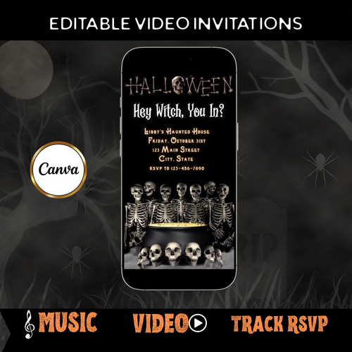 Halloween-Videoeinladung, animierte Einladung mit Skelettmotiven, bearbeitbare mobile Einladung zur Halloween-Party