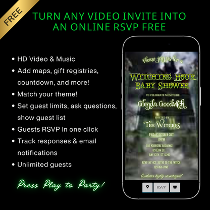 Halloween-Videoeinladung, animierte Einladung zur Babyparty, bearbeitbare mobile Einladung zur Halloween-Party