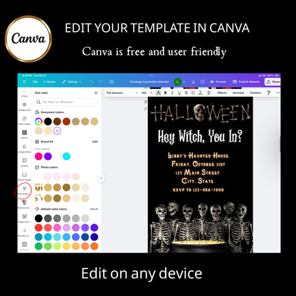 Halloween-Videoeinladung, animierte Einladung mit Skelettmotiven, bearbeitbare mobile Einladung zur Halloween-Party