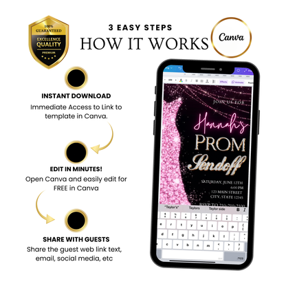 Pink Prom Send Off Video Invitation – Editable Canva Animated Invite
