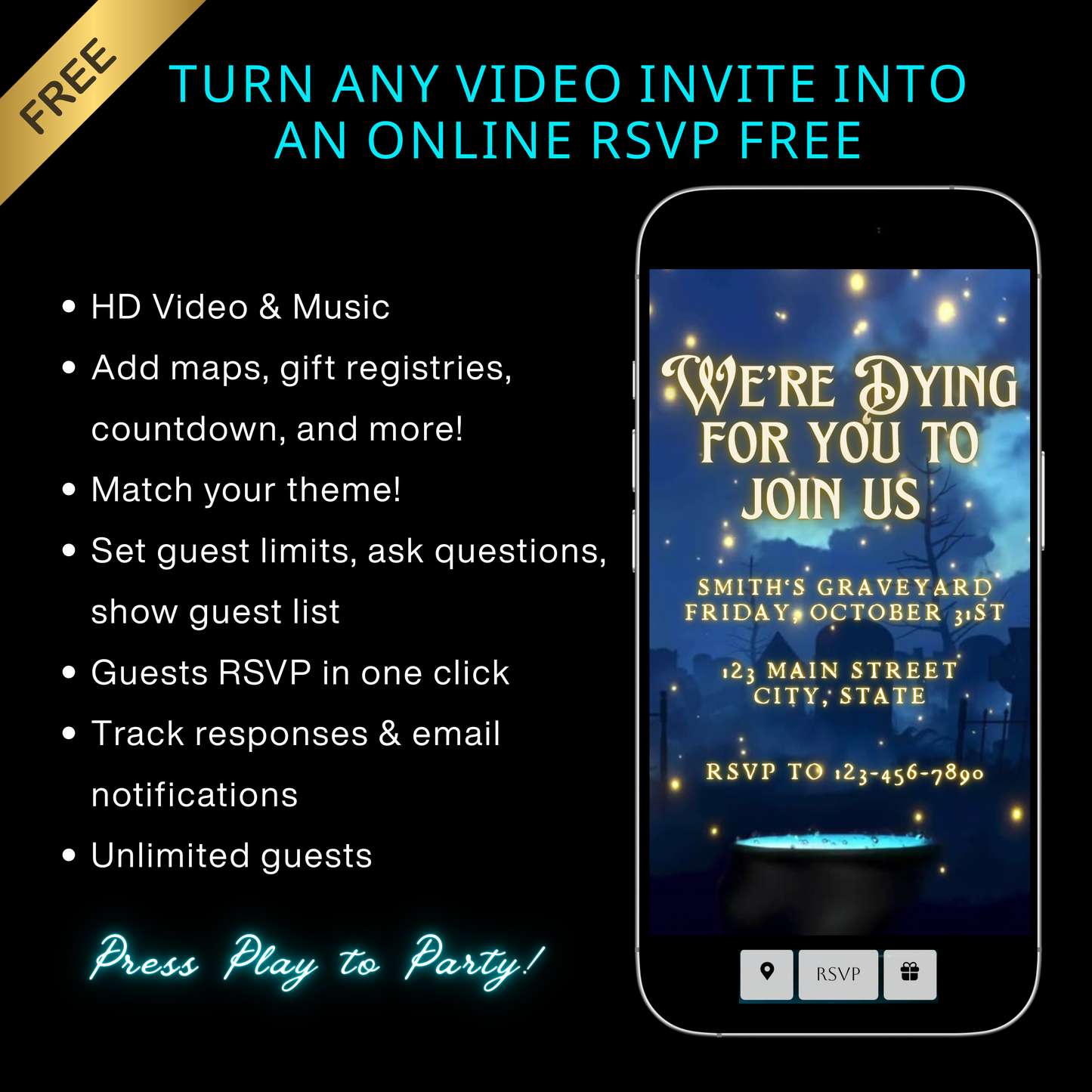 Halloween Video Invitation, Magical Spells Animated Invite, Editable Halloween Party Mobile Evite
