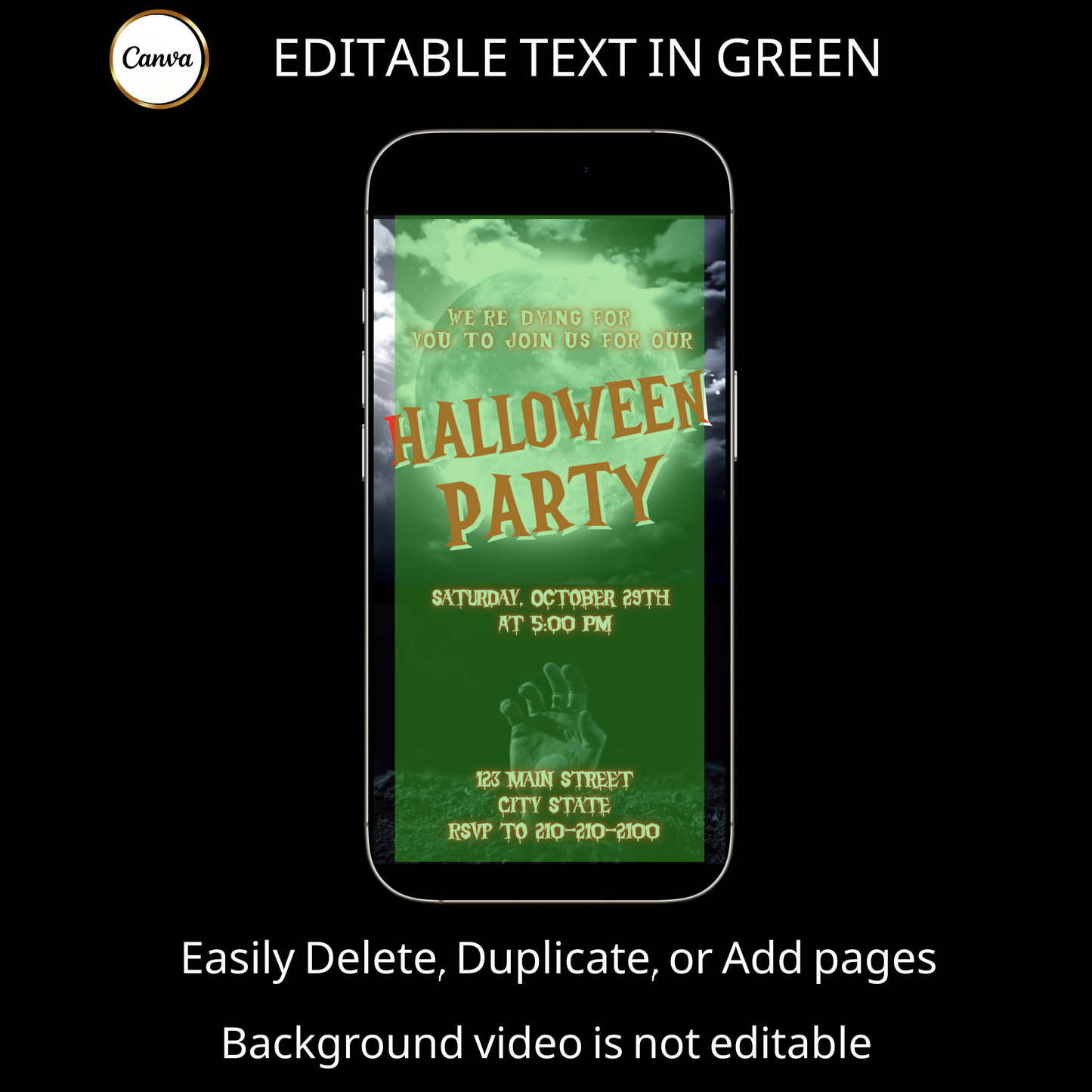 Halloween-Videoeinladung, animierte Einladung mit der Hand aus dem Grab, bearbeitbare mobile Einladung zur Halloween-Party