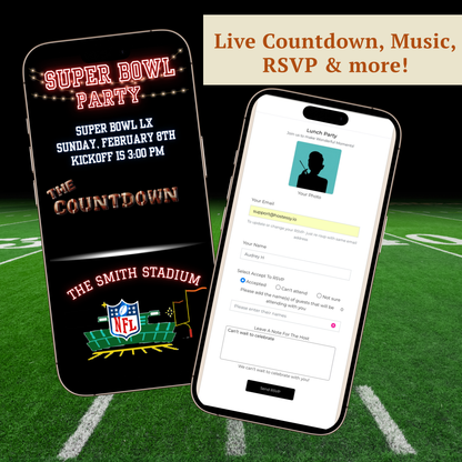 Super Bowl LX Video Invitation and RSVP Website | Game Day Party Invite | Digital Football Invite | Editable Online Template