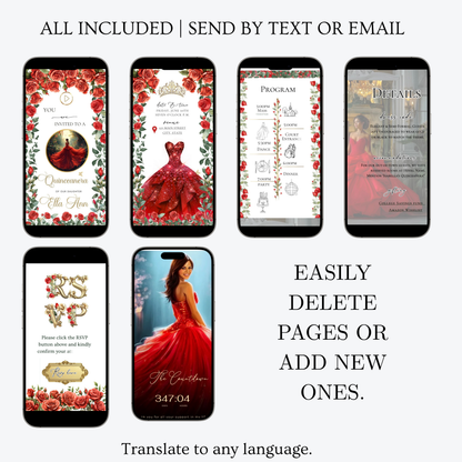 Einladung zur Quinceañera mit roten Rosen | Einladung zur Sweet 15/16 mit RSVP-Tracking | Canva-Vorlage
