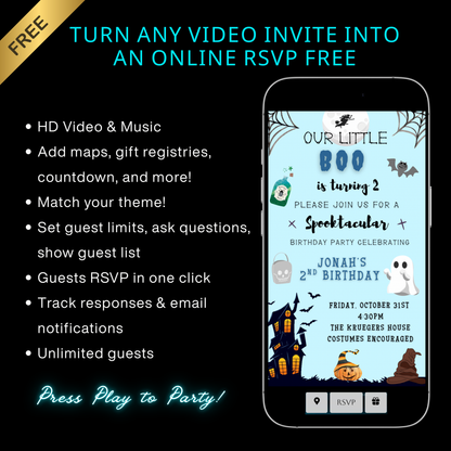 Halloween Video Invitation, Little Blue Boo Animated Invite, Editable Halloween Party Mobile Evite