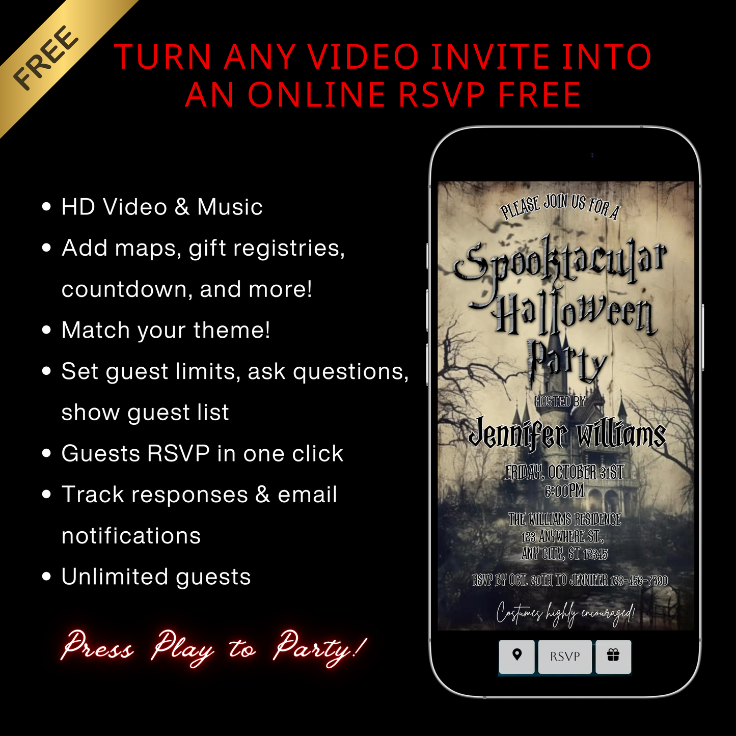 Halloween-Videoeinladung, animierte Halloween-Einladung mit Gruselmotiv, bearbeitbare mobile Einladung zur Halloween-Party