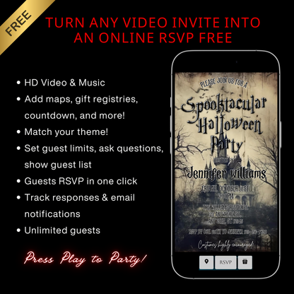 Halloween-Videoeinladung, animierte Halloween-Einladung mit Gruselmotiv, bearbeitbare mobile Einladung zur Halloween-Party