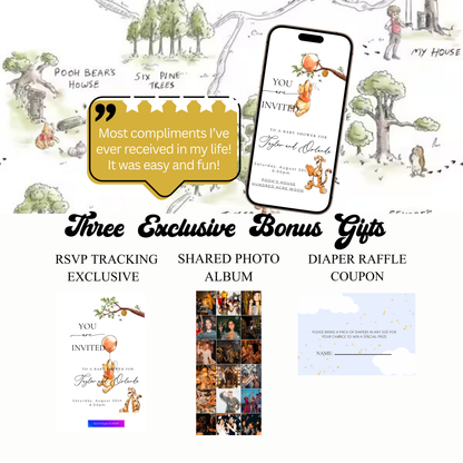 Classic Winnie the Pooh Baby Shower Invite Website with Music and RSVP | Pooh Bear Baby Shower Interactive SMS RSVP