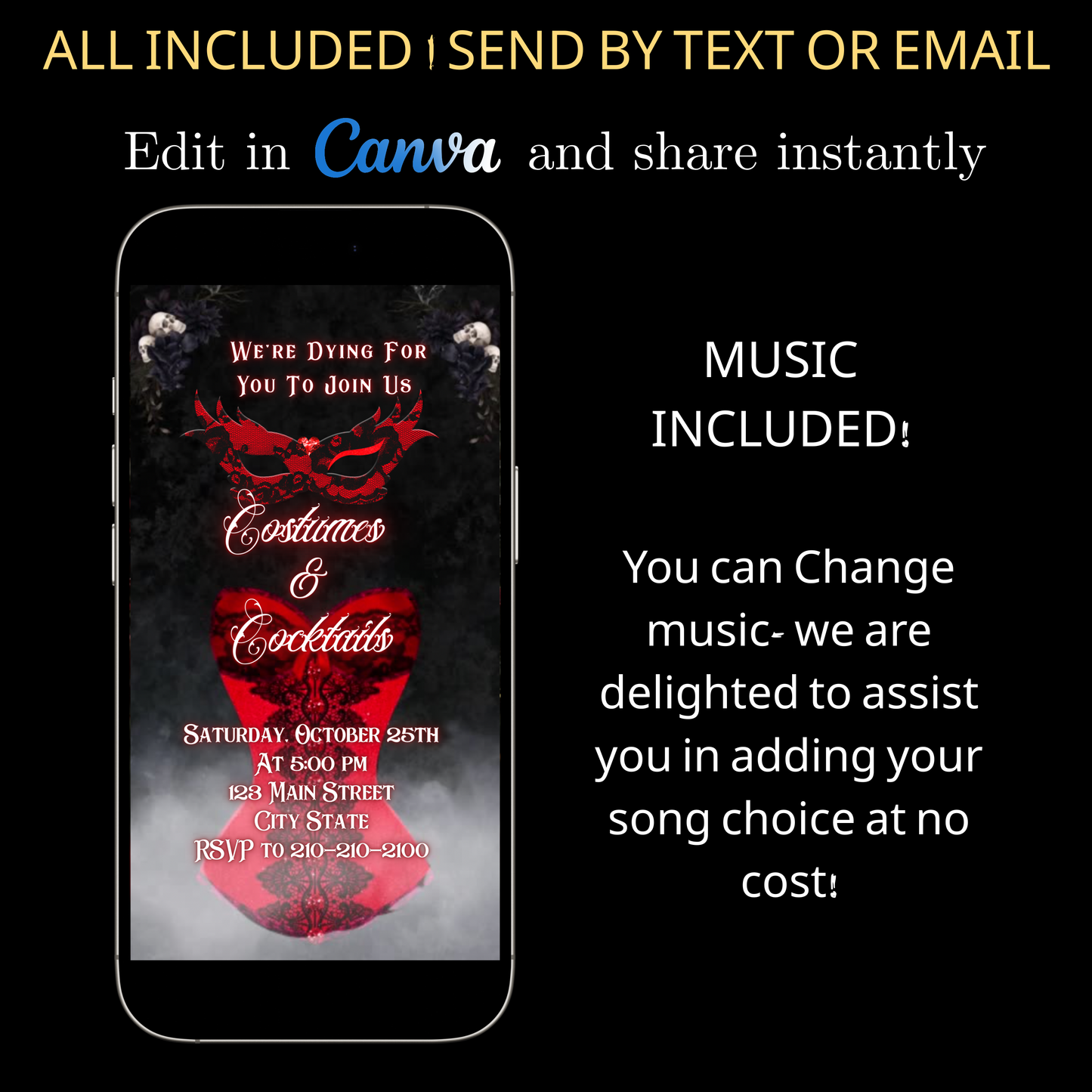 Halloween Video Invitation, Sexy Masquerade Animated Invite, Editable Halloween Party Mobile Evite