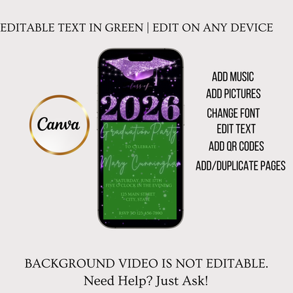 Purple Graduation Party Video Invitation | Class of 2026 Photo Invite | Editable Online RSVP Evite Canva Template