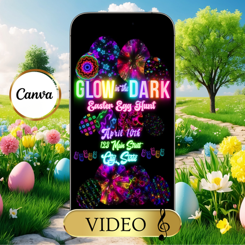 Easter Video Invitation, Neon Easter Egg Hunt Animated Invite, Digital Canva Template