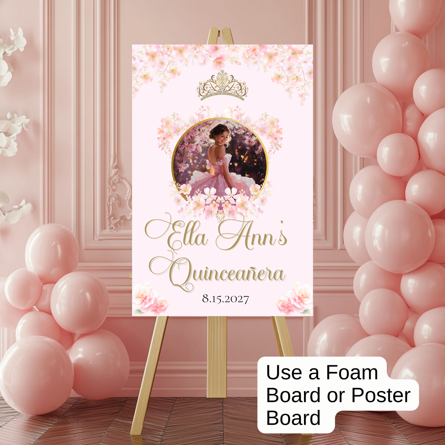 Quinceanera Welcome Sign - Sweet 15 or 16 Pink Floral Party Sign