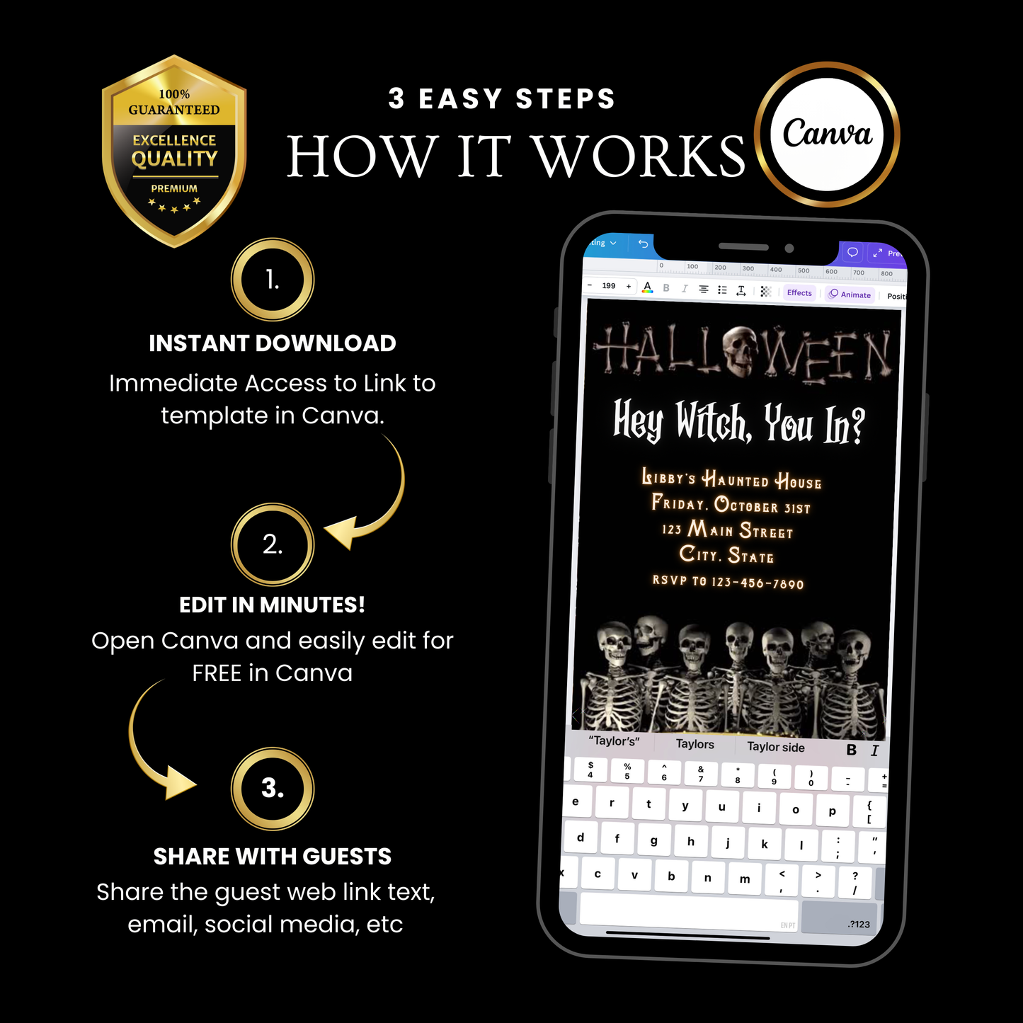 Halloween-Videoeinladung, animierte Einladung mit Skelettmotiven, bearbeitbare mobile Einladung zur Halloween-Party