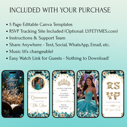 Turquoise and Gold Quinceanera Video Invite Animated Sweet 15 Quince Mobile Evite with RSVP tracking