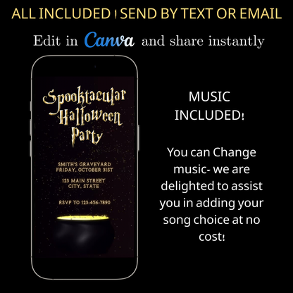 Halloween-Videoeinladung, animierte Einladung mit goldenem Kessel, bearbeitbare mobile Einladung zur Halloween-Party