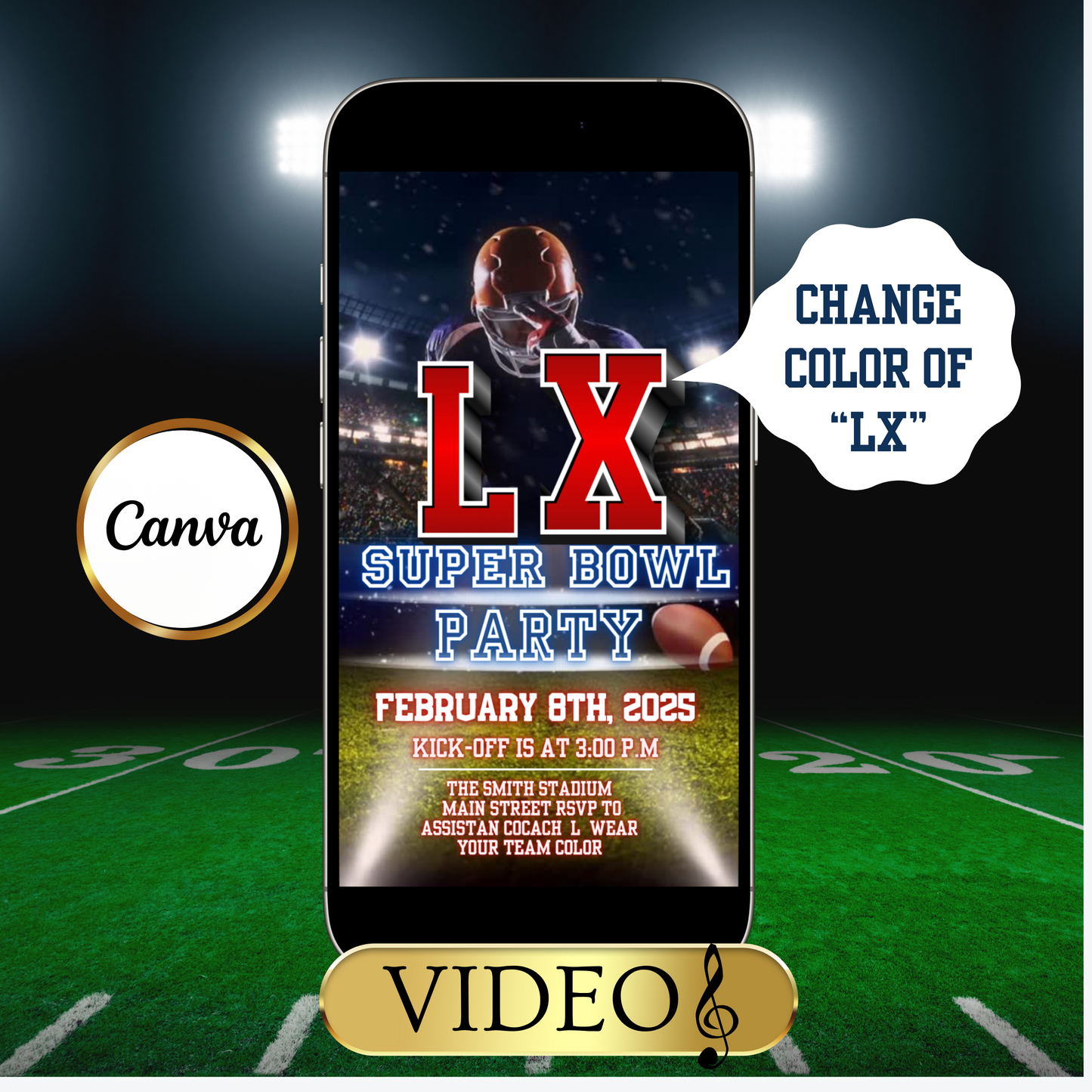 Super Bowl LX Party Video Invitation | Digital Football Canva Template