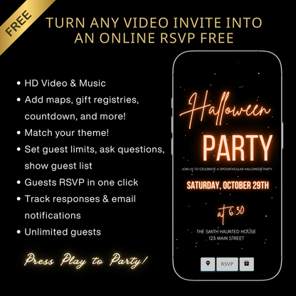 Halloween Video Invitation, Elegant Spooky Animated Invite, Editable Halloween Party Mobile Evite