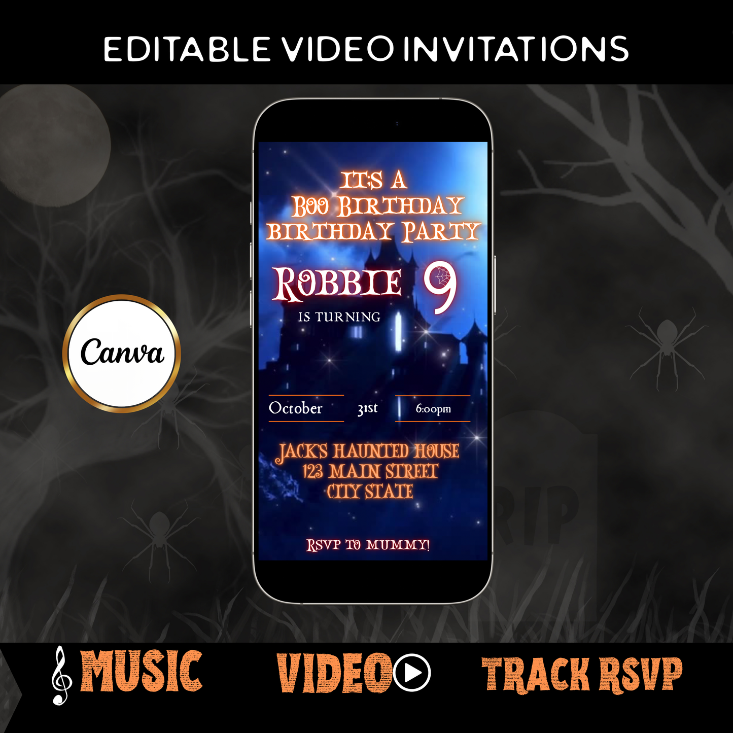 Halloween Video Invitation | Animated Halloween Digital Evite | Editable Canva Invite Template