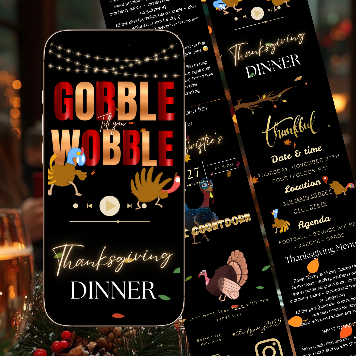 Editable Thanksgiving invite website template with warm fall design, pumpkins, and rustic autumn colors. Features RSVP tracking, dinner menu, map, and playlist options. Perfect for Thanksgiving dinners, Friendsgiving parties, or cozy fall gatherings. Fully customizable Canva template, mobile-friendly and shareable via text, email, or social media.