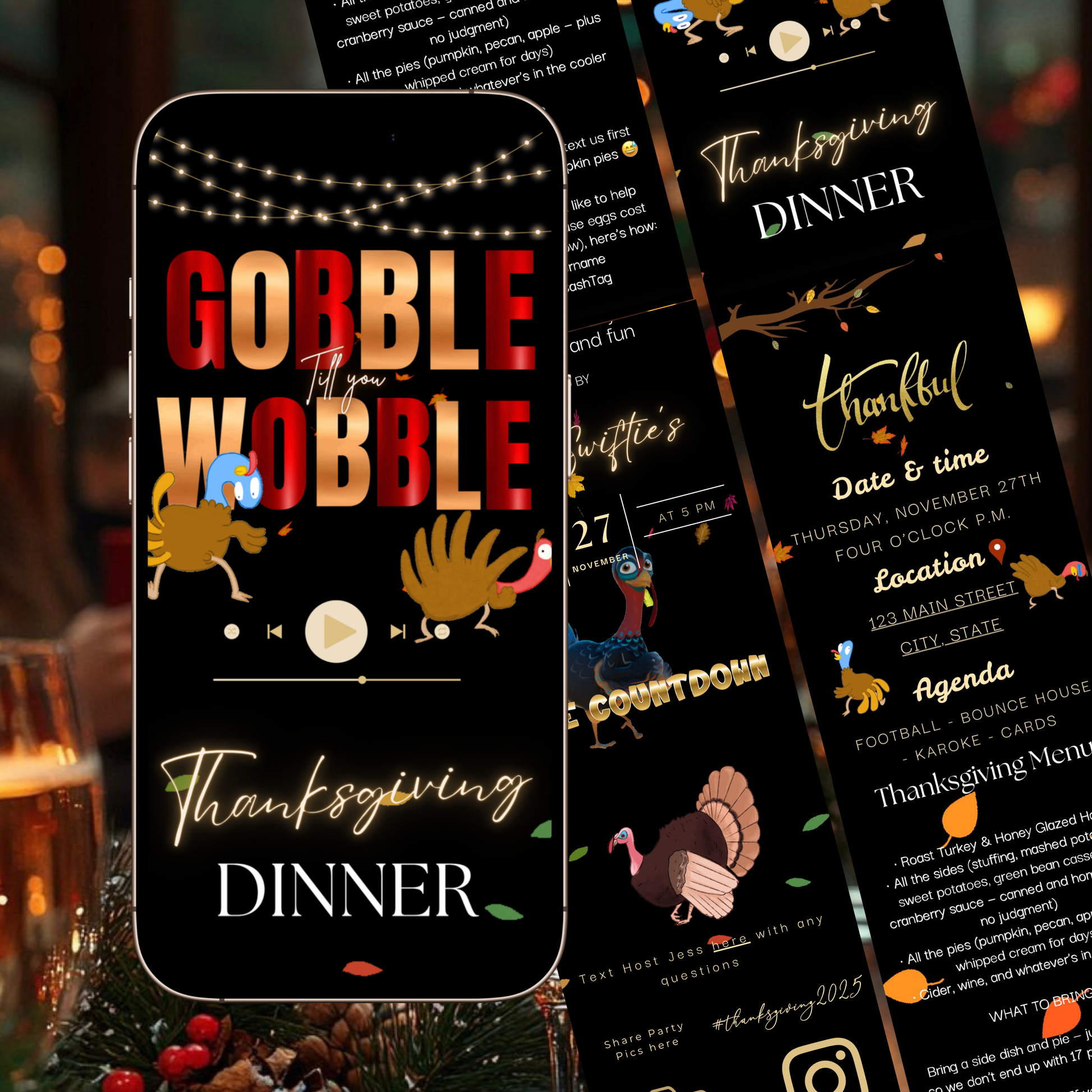 Editable Thanksgiving invite website template with warm fall design, pumpkins, and rustic autumn colors. Features RSVP tracking, dinner menu, map, and playlist options. Perfect for Thanksgiving dinners, Friendsgiving parties, or cozy fall gatherings. Fully customizable Canva template, mobile-friendly and shareable via text, email, or social media.