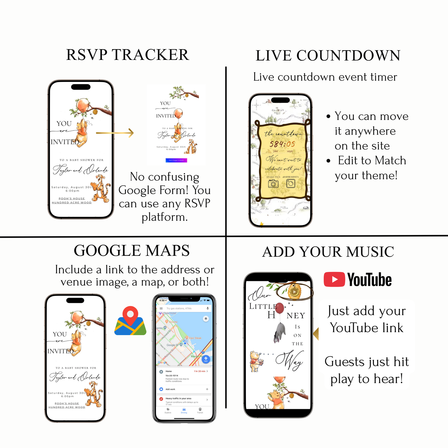 Classic Winnie the Pooh Baby Shower Invite Website with Music and RSVP | Pooh Bear Baby Shower Interactive SMS RSVP