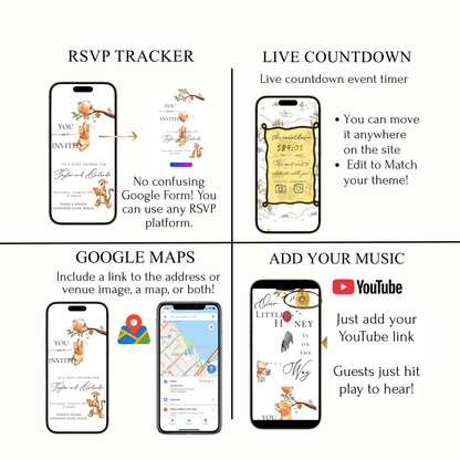 Classic Winnie the Pooh Baby Shower Invite Website with Music and RSVP | Pooh Bear Baby Shower Interactive SMS RSVP