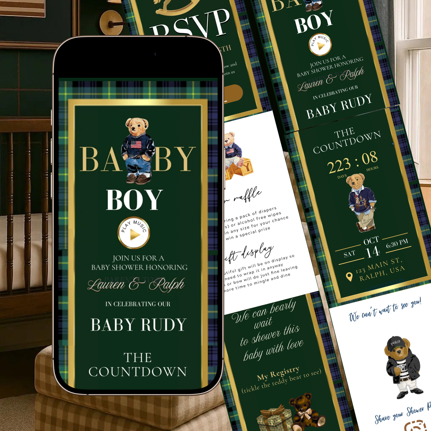 Polo Bear baby shower interactive website invitation featuring preppy green and navy plaid, gold accents, and animated bear graphics. Includes RSVP button, countdown timer, diaper raffle, books for baby, registry links, and event details. Fully editable Canva template optimized for mobile viewing. Perfect for luxury baby boy showers and preppy Ralph Lauren–inspired celebrations.
