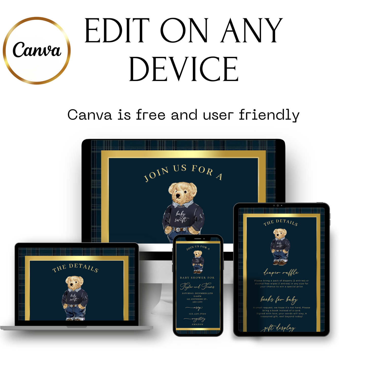 Polo Bear Baby Shower Video Invitation | Digital Preppy Plaid Invite | Editable Canva Template