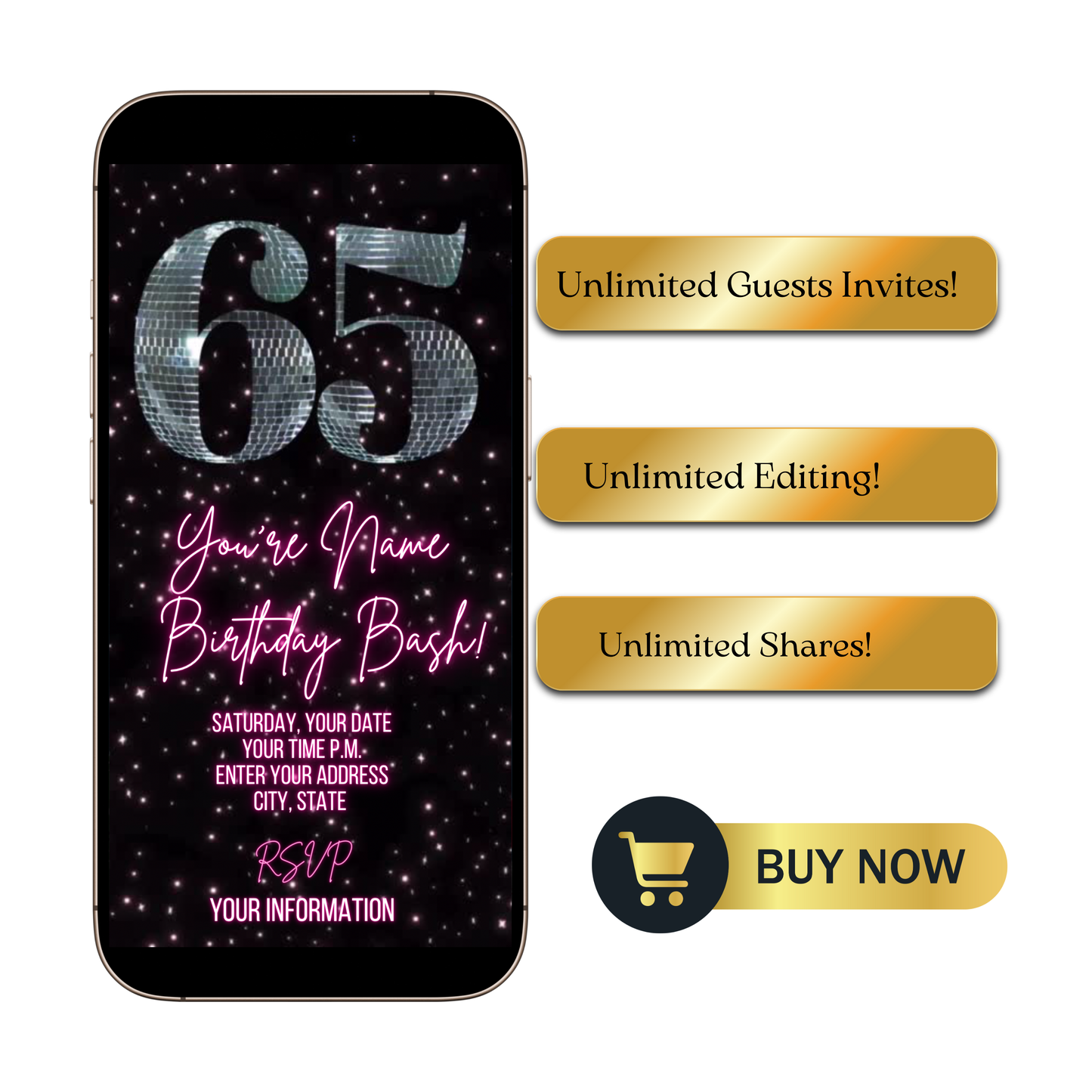 65th Birthday Disco Video Invitation | Digital Retro Party Invite | Editable Canva Template