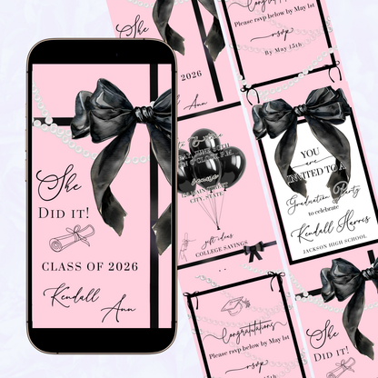 Graduation Party Video Invitation | Pink and Black Bow Graduation Invite for Her | Editable Online RSVP Evite Canva Template