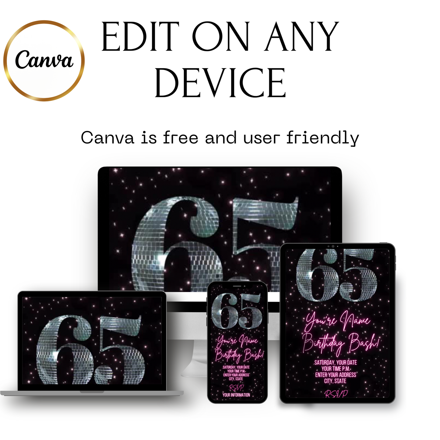 65th Birthday Disco Video Invitation | Digital Retro Party Invite | Editable Canva Template