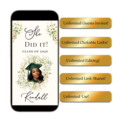 Graduation Party Video Invitation | Spring Floral Graduation Invite for Her | Editable Online RSVP Evite Canva Template