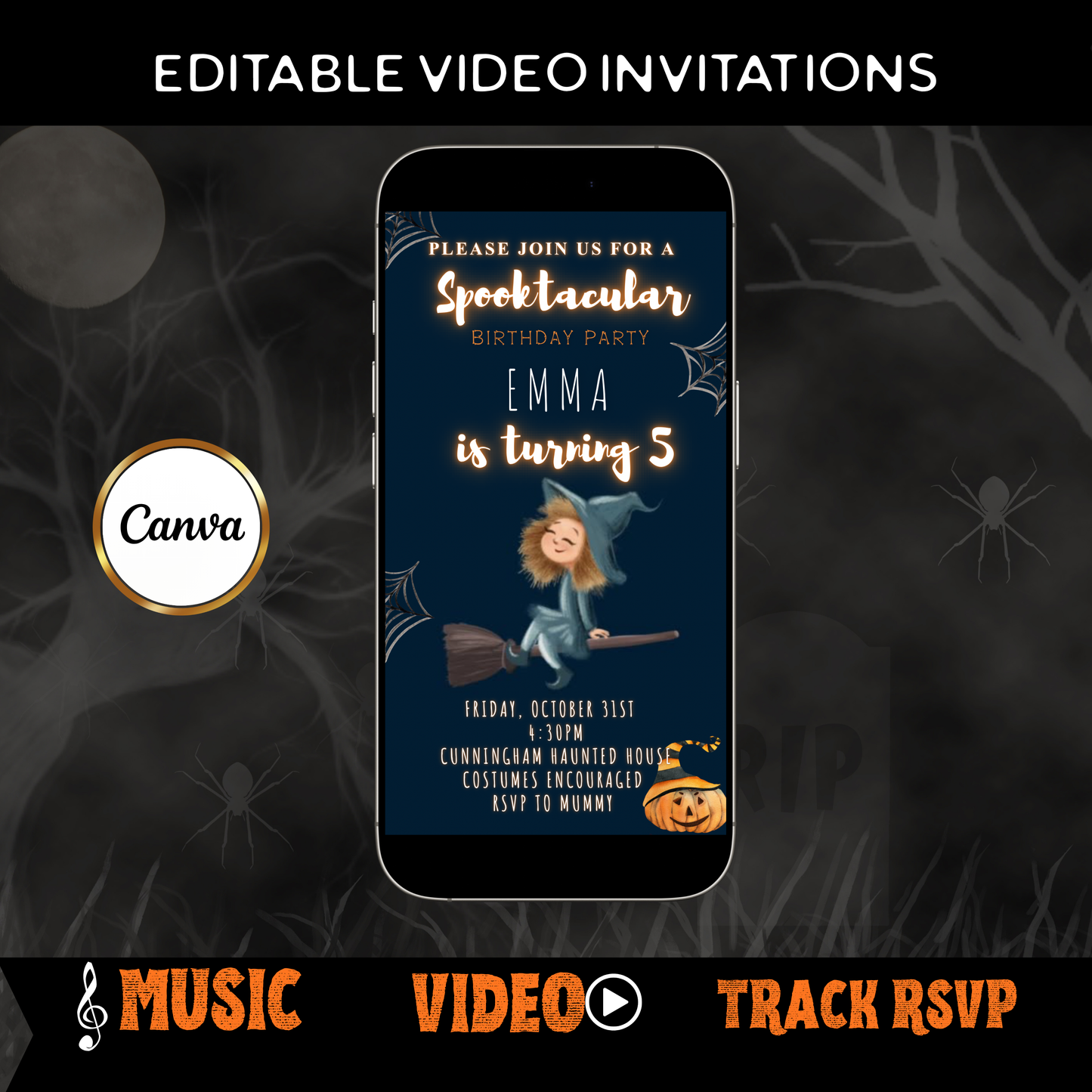 Halloween Video Invitation | Animated Halloween Digital Evite | Editable Canva Invite Template