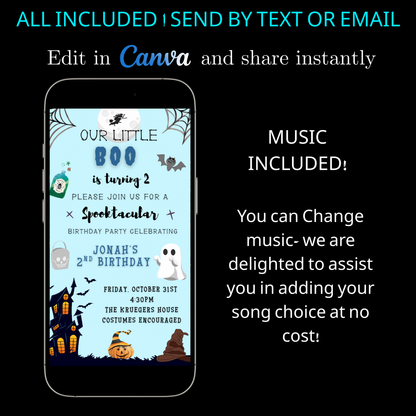 Halloween Video Invitation, Little Blue Boo Animated Invite, Editable Halloween Party Mobile Evite